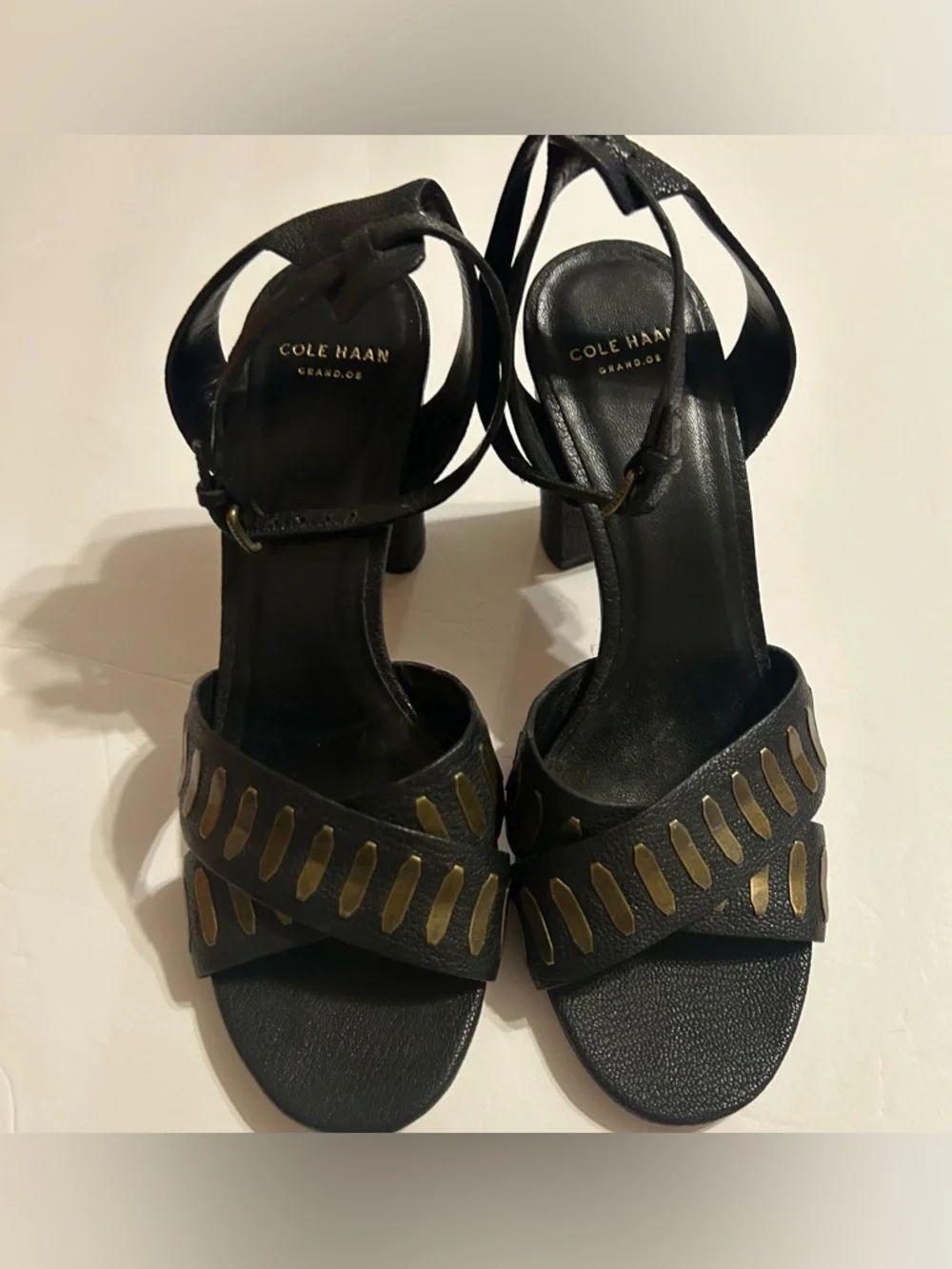 Cole Haan Black Leather Heeled Sandals with Gold Cutouts